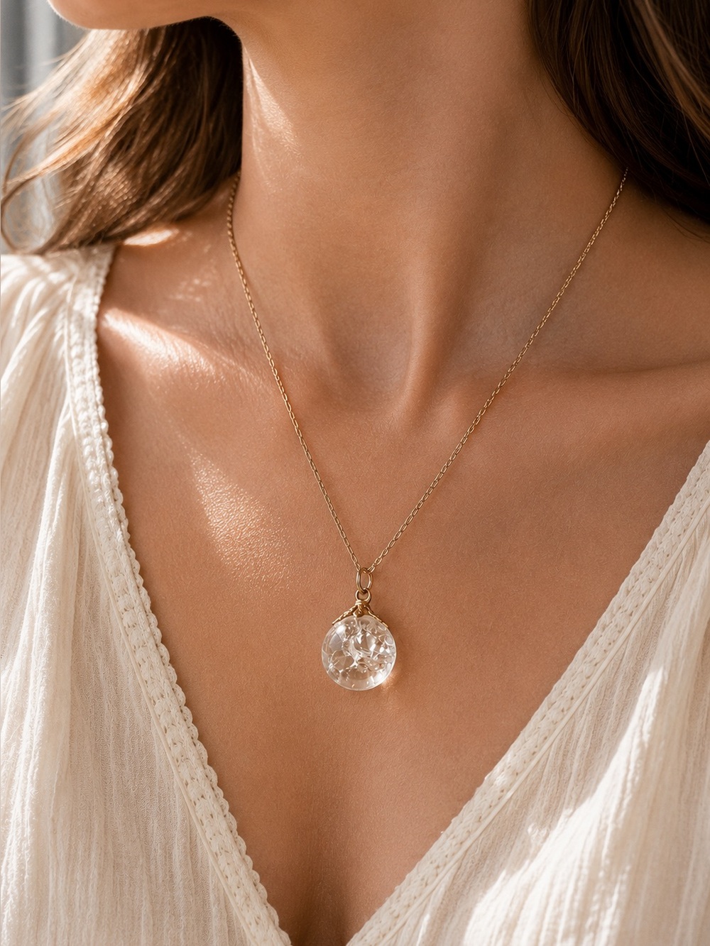 Vintage Crackle Glass Orb Pendant 12K Gold Filled Necklace